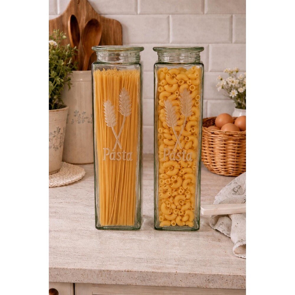 Vintage Etched Glass Pasta Jars: Wheat Design Kitchen Canisters - Set of 2